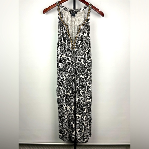 Lucky Brand Black White Floral Boho Bronze Embellished V-Neck Tank Dress - Picture 1 of 10